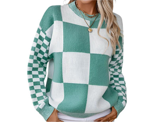 Contrast Color Check Pullover Sweater