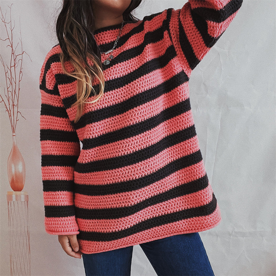 Loose Striped Long Sleeved Knitted Pullover Casual Sweater
