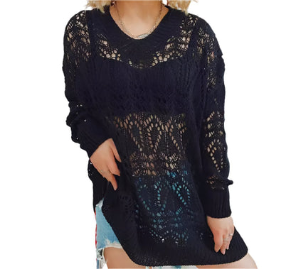 Retro Hollow Cutout Long Sleeve Knitted Sweater