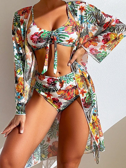 Printed Beach Three-Piece Bikini Coverup