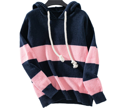 Hooded Color Contrast Pullover Sweater