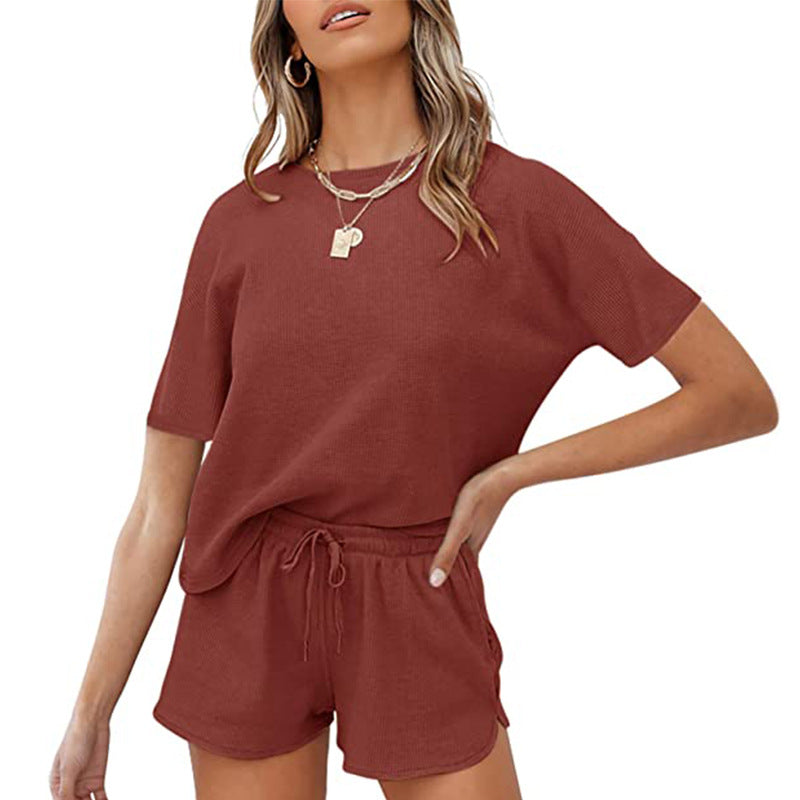 Short Sleeved Solid Color Two-Piece Loungewear