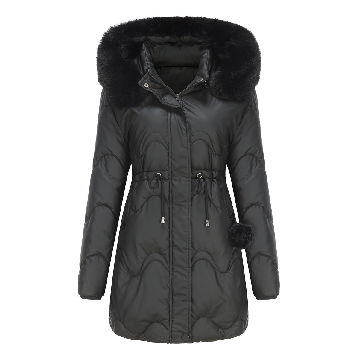 Cotton Detachable Wool Hooded Mid Length Parka Coat