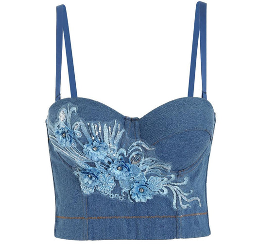 Floral Embroidered Tube Top Elastic Denim Push-up Corset Top