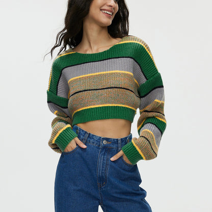 Striped Multicolor Knitted Cropped Sweater