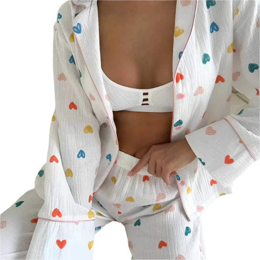 Heart Printed Long Sleeved Two Piece Pajamas Set