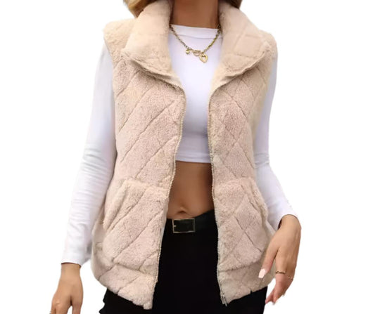 Diamond Lattice Zipper Plush Vest Coat