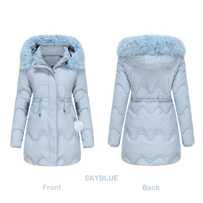 Cotton Detachable Wool Hooded Mid Length Parka Coat