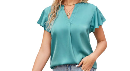 Satin V-neck Ruffle Shirt Blouse