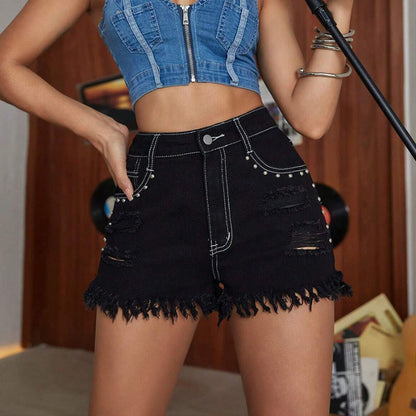 Washed Ripped High Waist Frayed Denim Shorts