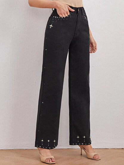 Black Straight Jeans Design Rhinestone Slim Fit High Waist Jeans