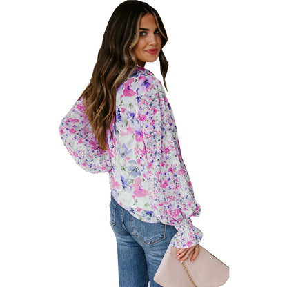 Floral Chiffon Lantern Sleeves Blouse