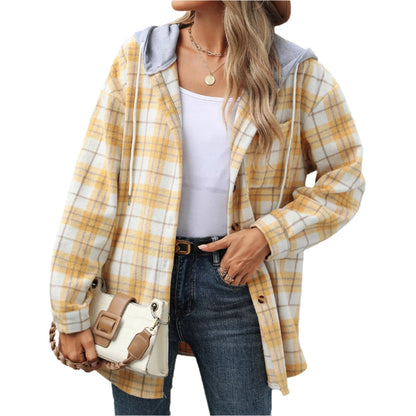 Plaid Contrast Color Hooded Woolen Coat