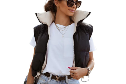 Double-Sided Cotton-Padded Stand Collar Zipper Vest Coat