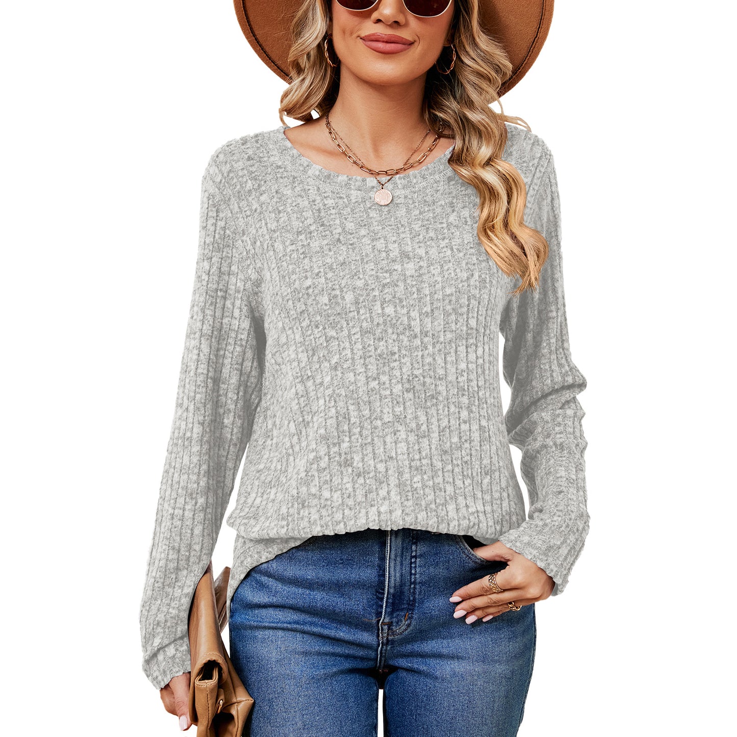 Solid Color Round Neck Loose Long Sleeve Pullover Top