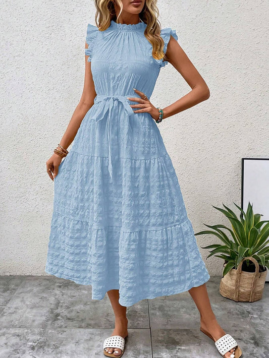 Fashionable Flying Sleeves Lace-up Texture Dress