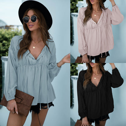 Solid Color Lace-up Pleated Top