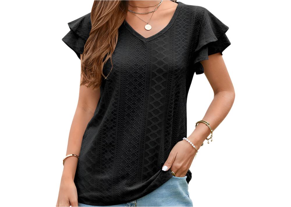 Mesh Hollow Cutout Ruffle Sleeve Casual Top