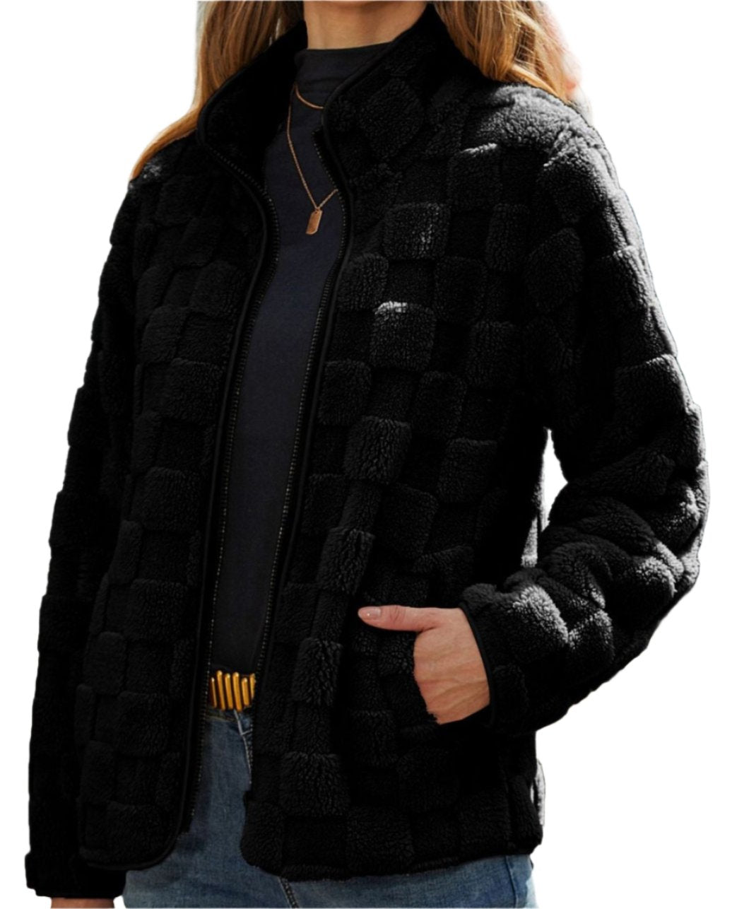 Autumn Winter Long Sleeve Zipper Plaid Plush Coat