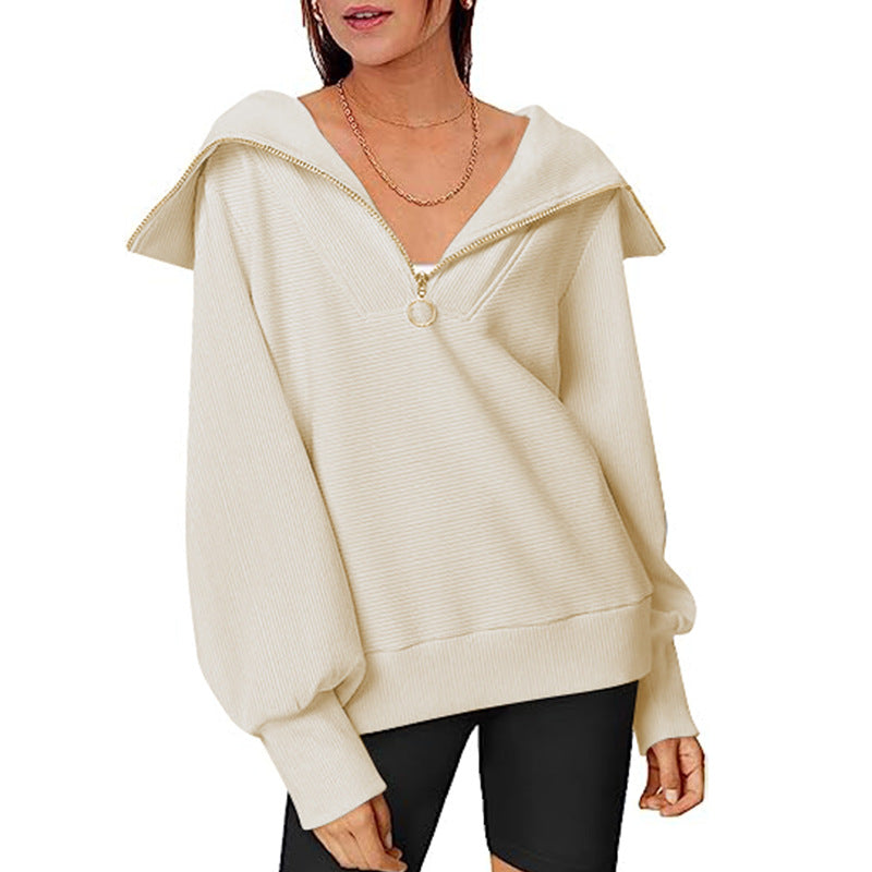 Casual Large Collared Half Zipper Pullover Sweater