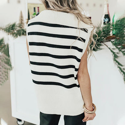 Polo Collar Stripes Sweater Vest Top