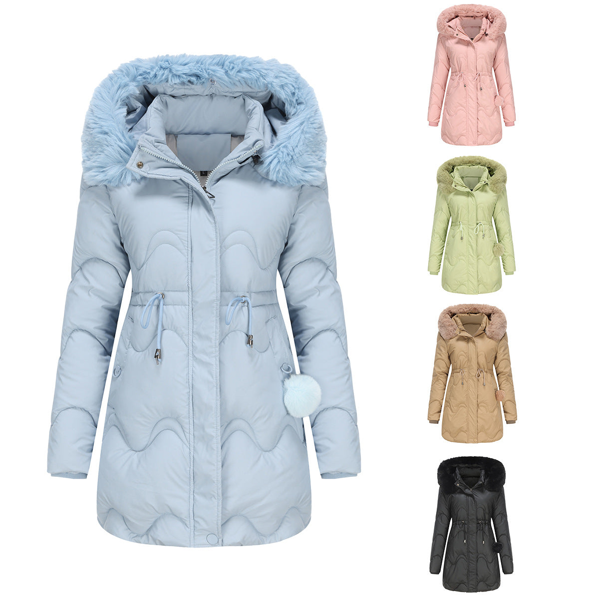 Cotton Detachable Wool Hooded Mid Length Parka Coat