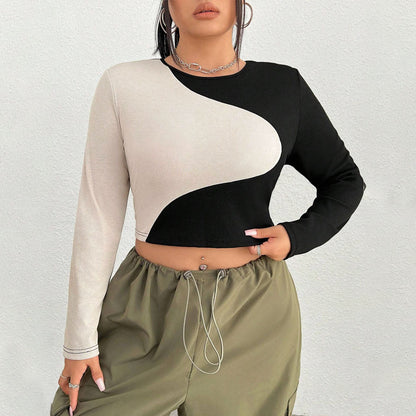 Cropped Stitching Contrast Colors Ultra Short Sexy Long-Sleeve Top