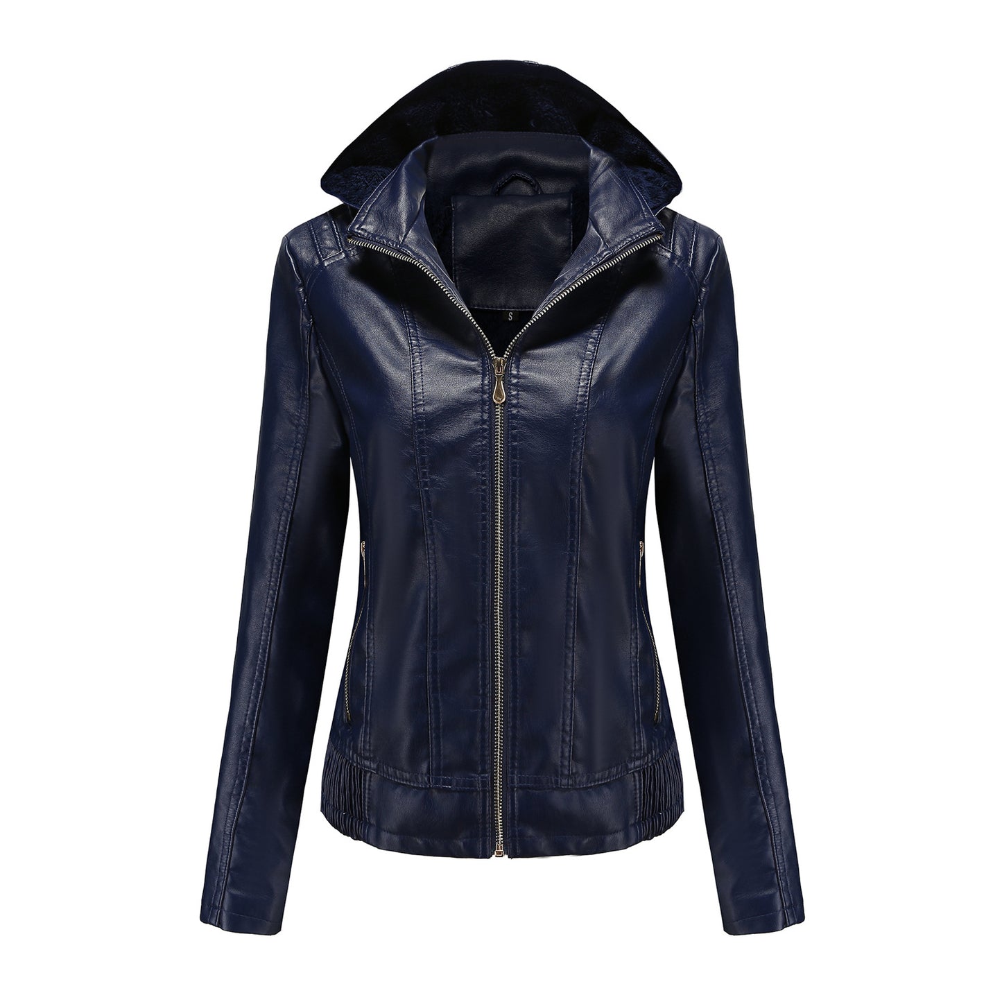 Hooded Leather Detachable Hat Long Sleeve Zipper Fleece-Lined Leather Jacket