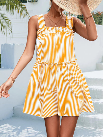 Classic Striped Ruffled Splicing Sling Dress