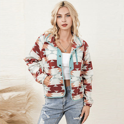 Geometric Abstract Fleece Printed Long Sleeve Jacket