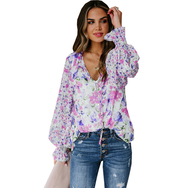 Floral Chiffon Lantern Sleeves Blouse