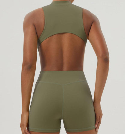 Half Zipper Bare Back Yoga Waist Show Sports Workout Romper