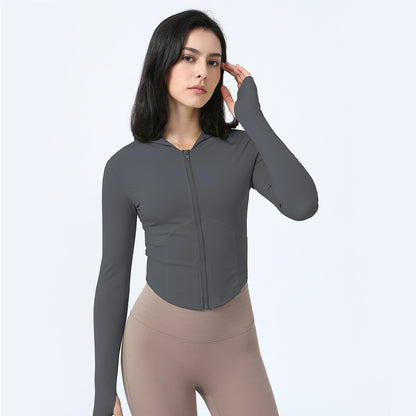 Yoga Long Sleeved Zipper Hooded Sports Workout Jacket