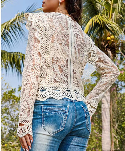 Sexy Cutout Lace Long Sleeved Top