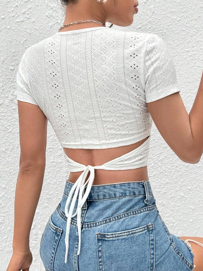 Sexy Back Knotted Short Bare Cropped Slim Fit Short Sleeve Top