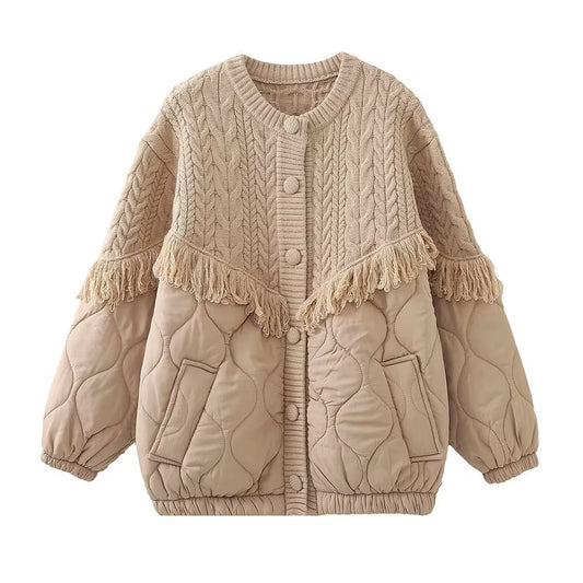 Tassel Decorative Knitted Patchwork Cotton Padded Jacket Coat