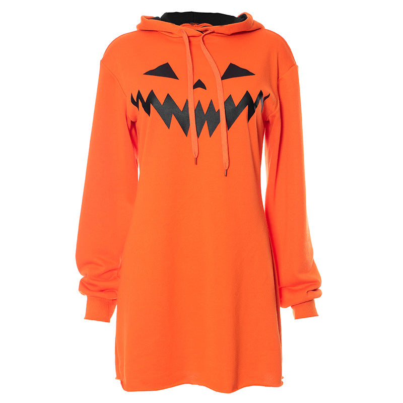 Halloween Pumpkin Print Long-Sleeve Hoodie with Drawstrings Sweater Dress