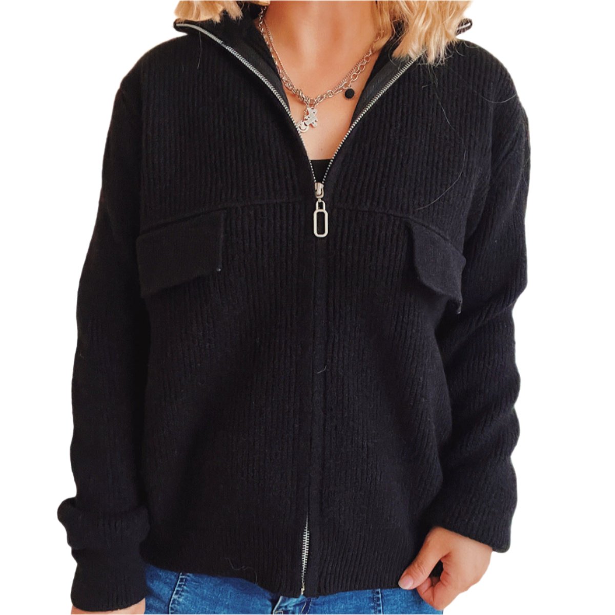 Zipper Pocket Knitted Cardigan