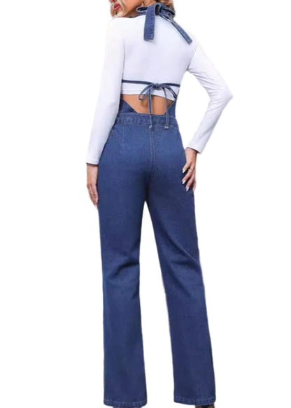 Casual Slim High Waist Straight Leg Denim Jumpsuit