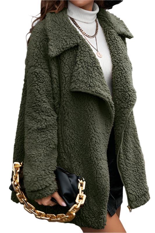 Thick Velvet Zipper Furry Collared Wool Coat