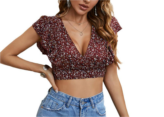 V-neck Ruffle Lace-up Crop Top