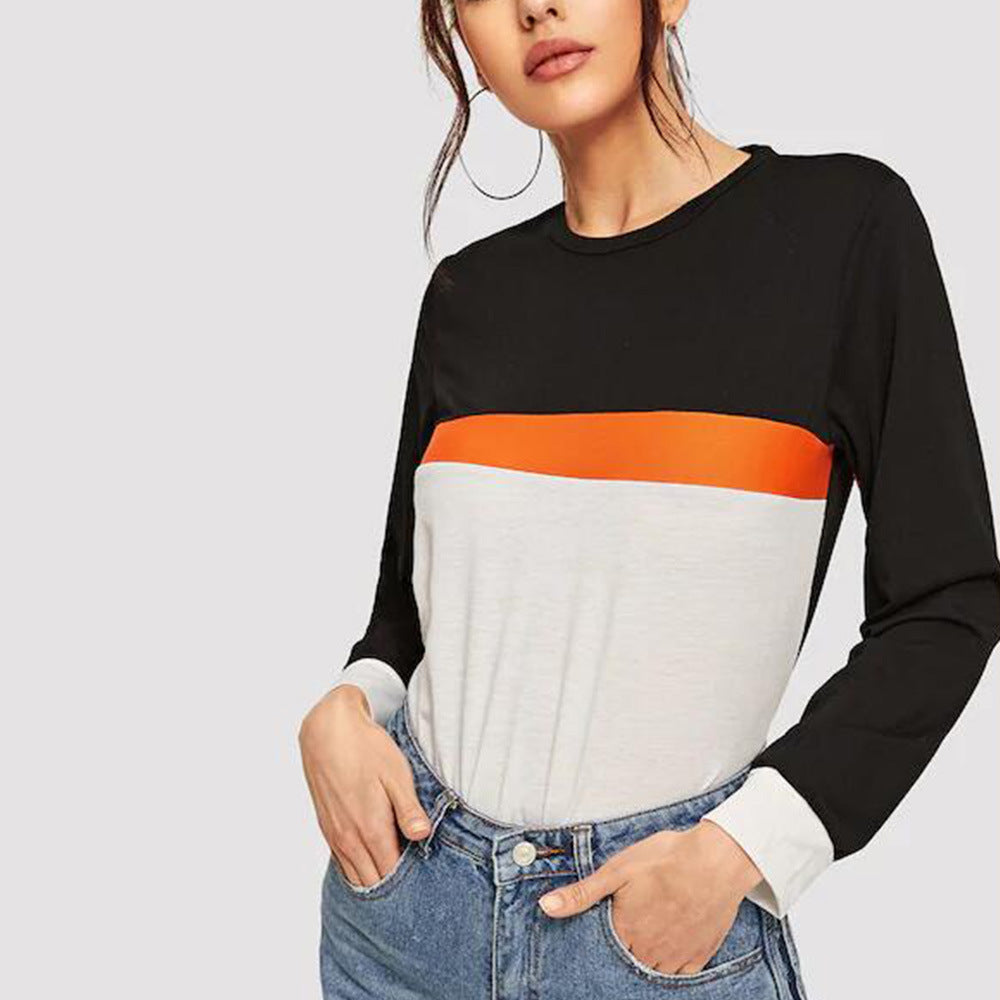 Pullover Solid Color Stitching Long Sleeve Top