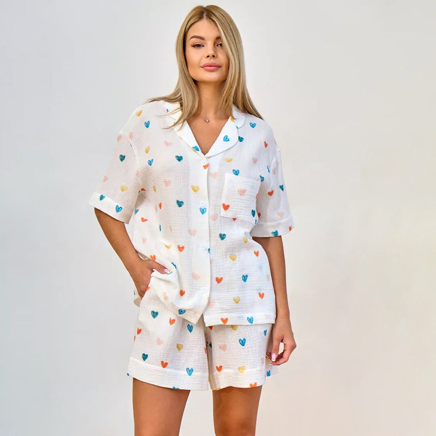 Short Sleeved Colored Loving Heart Cotton Pajamas