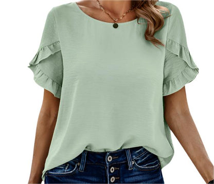 Solid Color Lace Short Sleeved Blouse