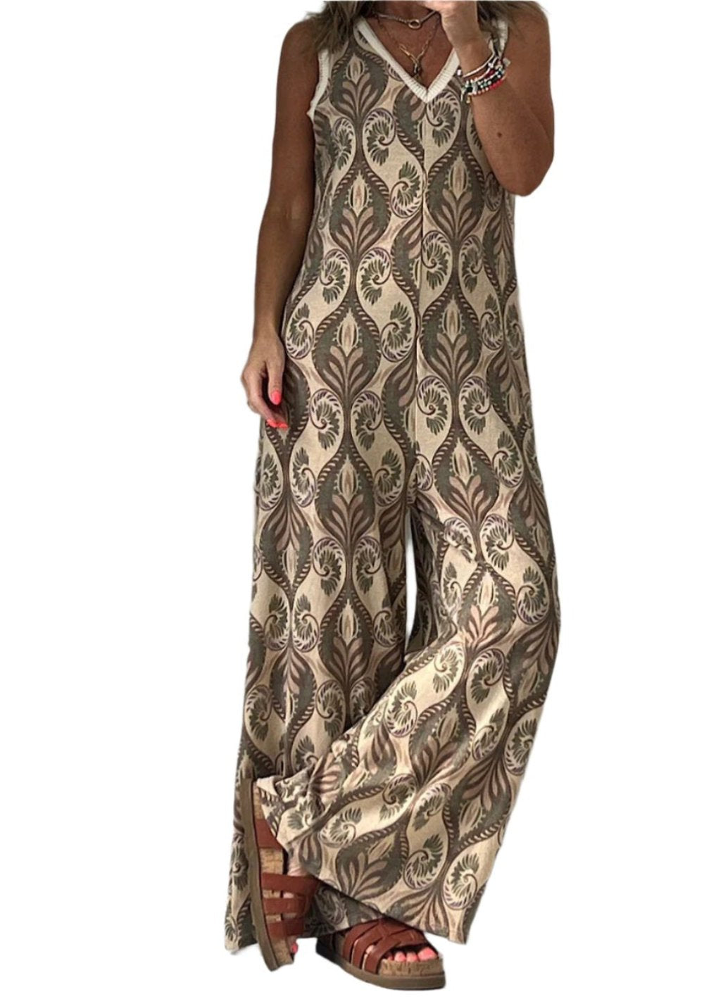 Print Casual Loose V-neck Jumpsuit