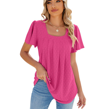 Square Collar Pleated Short Sleeve Loose Fitting Top