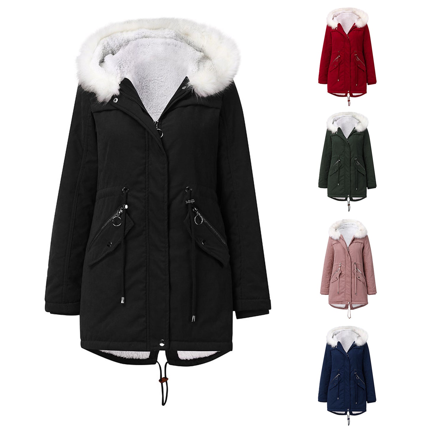 Cotton Padded White Fur Collar Parka Mid Length Hooded Coat