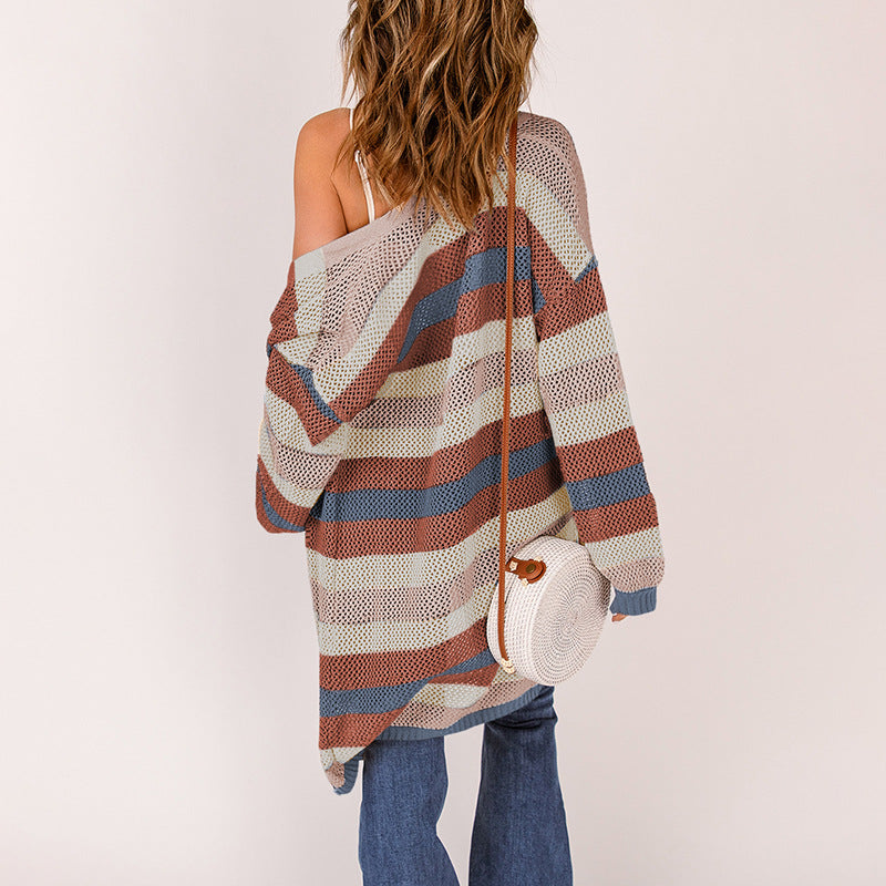 Striped Contrast Color Mid Length Long Sleeve Cardigan