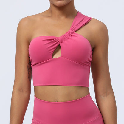 Pleated Hollow Cutout Yoga One Shoulder Asymmetric Sports Bra