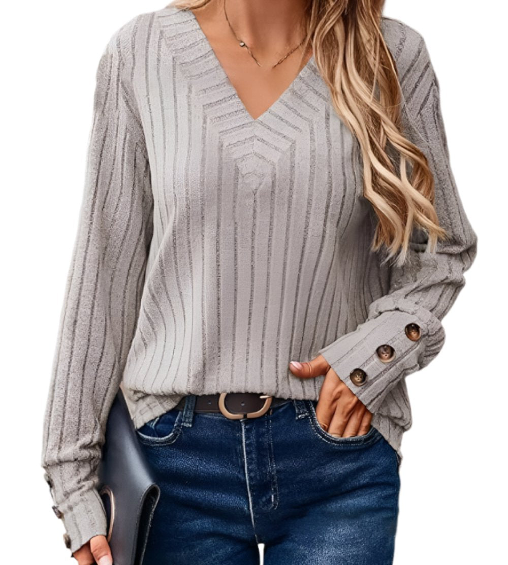 Sunken Stripe V-neck Button Long Sleeved Sweater